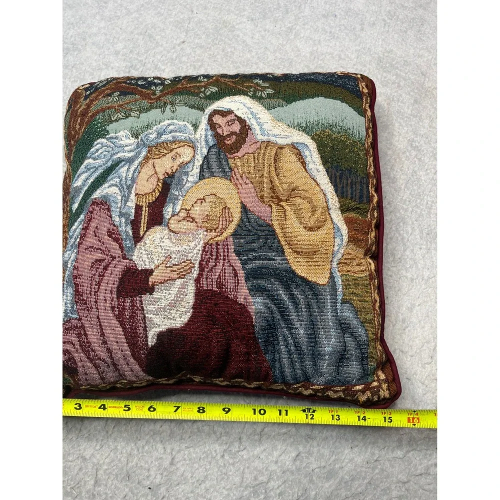 Vintage Nativity Tapestry Throw Pillow‎ Holy Family Christmas Decor Burgundy